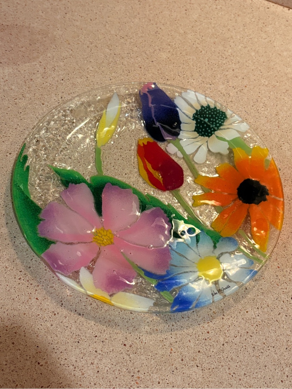William McGrath Hand-Painted Floral Glass Art Plate - Multicolor